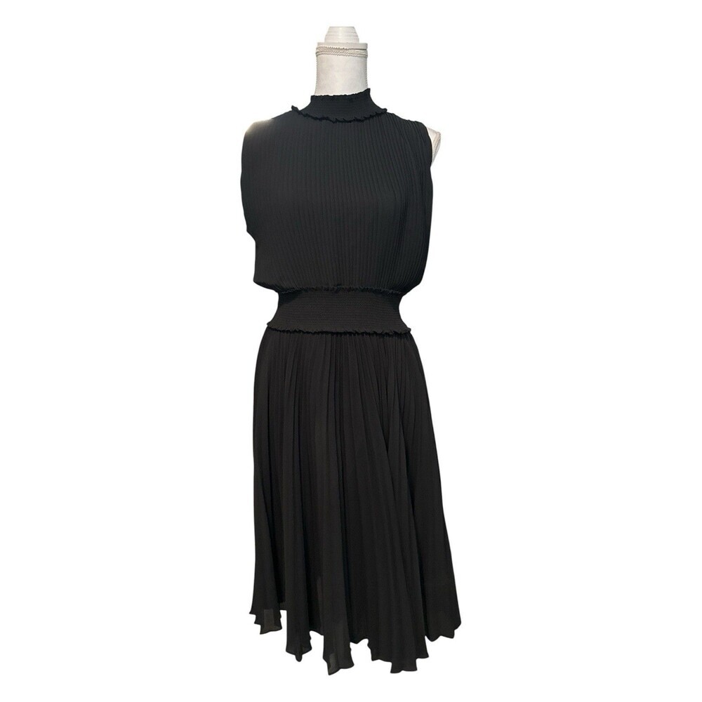 Nanette Lepore Black Pleated Midi Dress Smocked Waist Mock Neck Sleeveless 14 - Picture 2 of 7